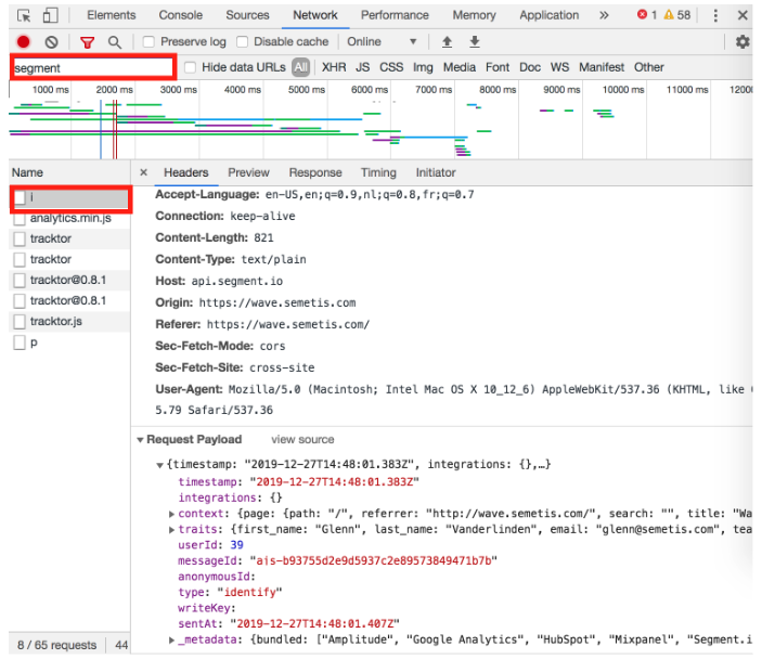 Debugging a Segment identify call using the network tab