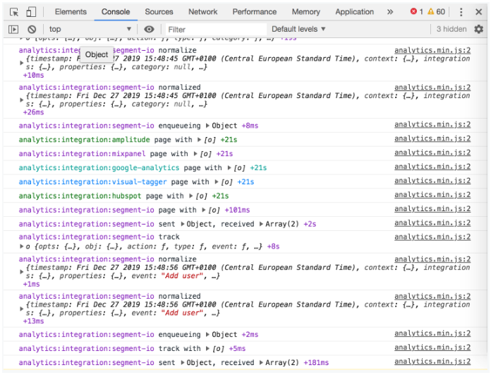 Debugging a Segment track call using the console tab