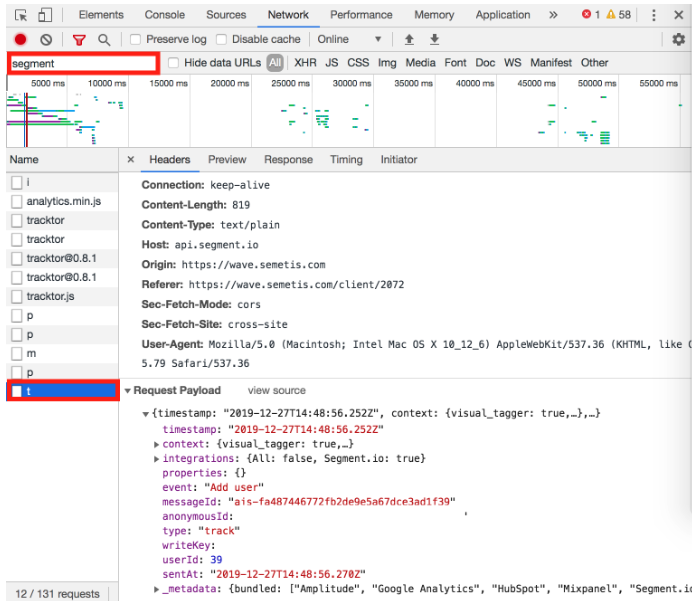 Debugging a Segment track call using the network tab