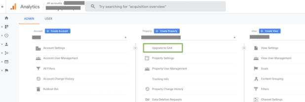 GA4 1 screenshot showing the upgrade to GA4 button in your Analytics account