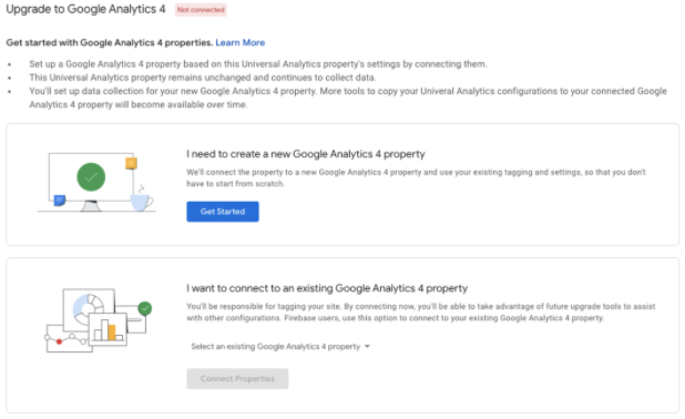 GA4 2 screenshot showing the 2 options you can select when creating a new GA4 property