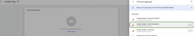 GA4 4 screenshot showing where you can find the new GA4 configuration tag in GTM