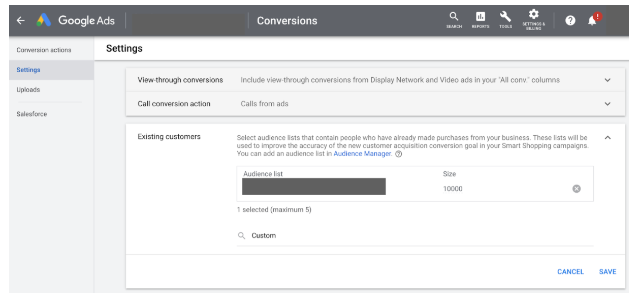 Google Ads Conversion settings