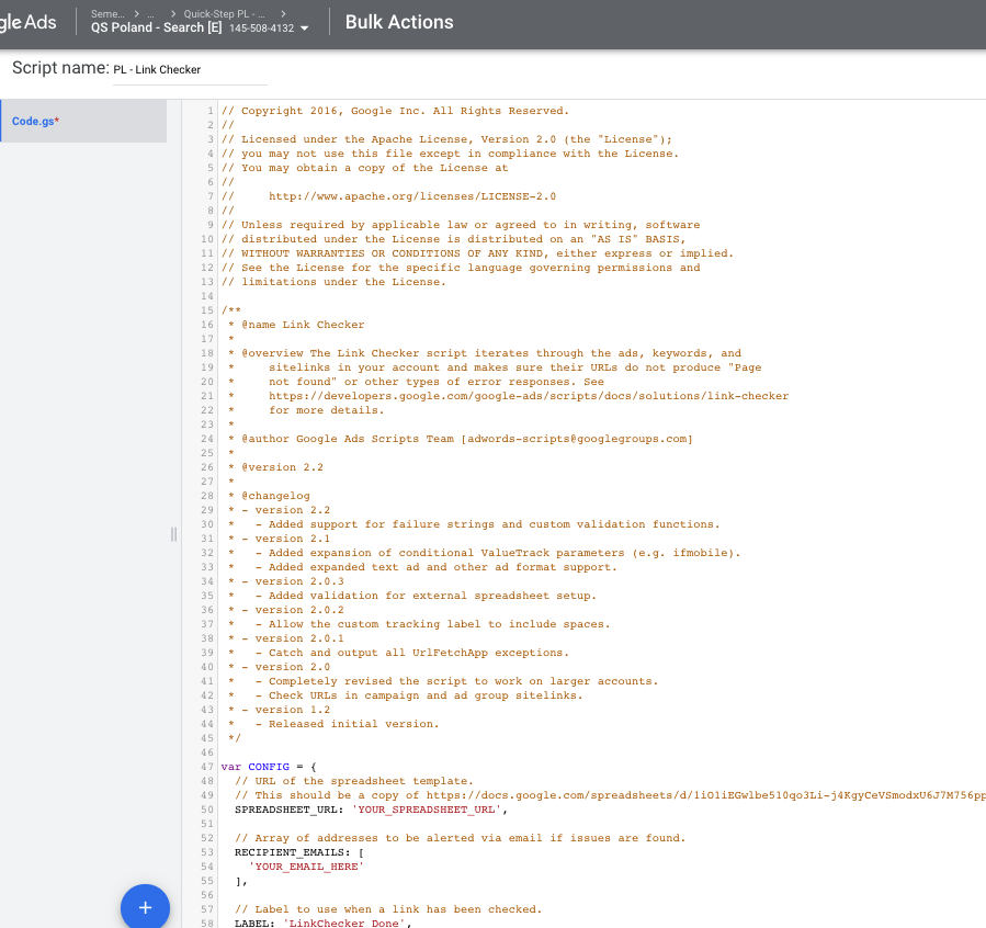 Link checker source code in google ads script tool