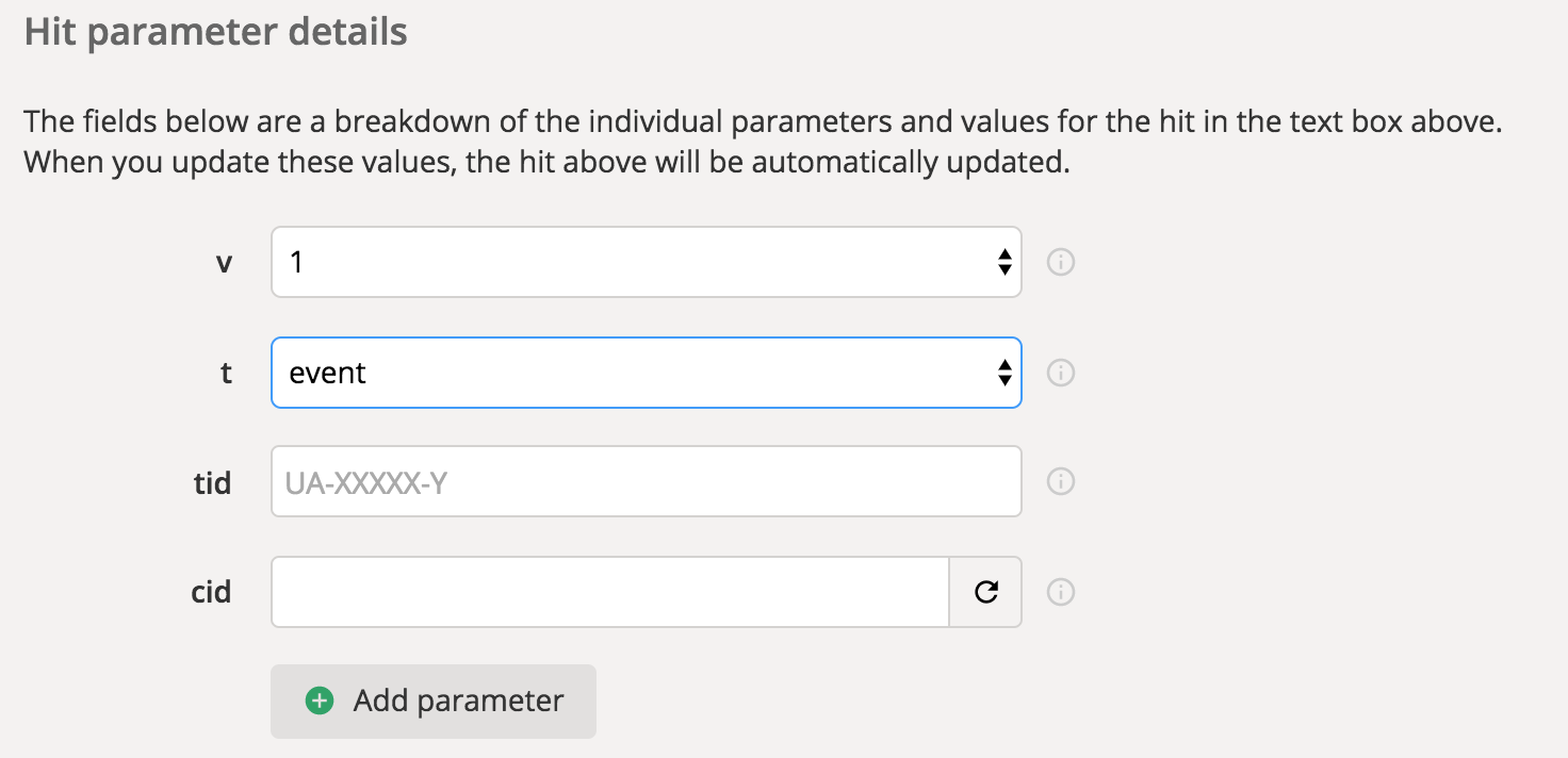 Measurement Protocol to track our Spotify hit parameter details - Google’s hit builder for the measurement protocol