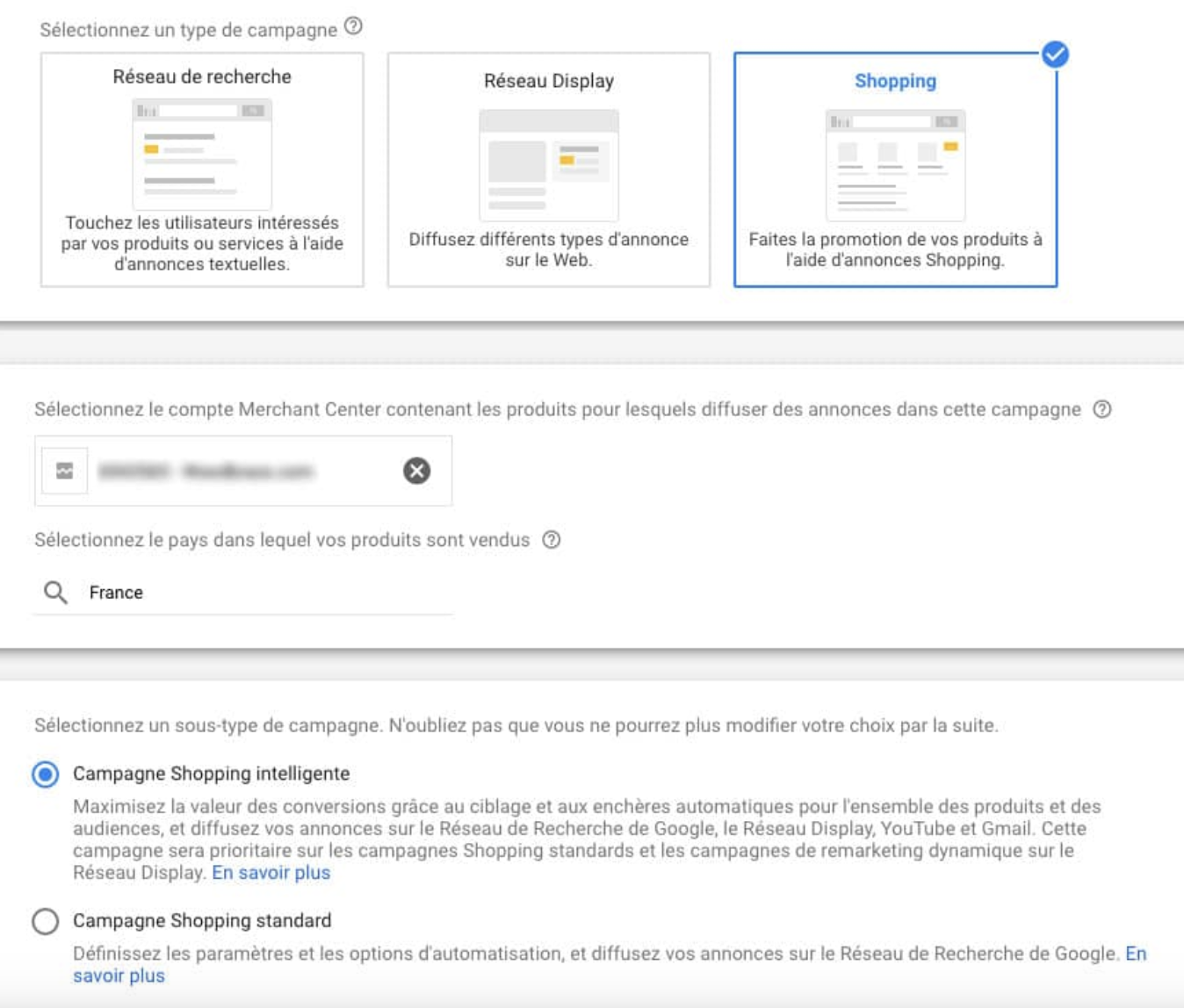 Configuration de campagne Shopping intelligente - Step 1 - Configuration